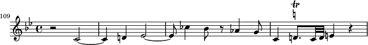 
\header {
  tagline = ##f
}

\score {
  \new Staff \with {

  }
<<
  \relative c' {
    \key bes \major
    \time 4/4
    \tempo 4 = 80
    \override TupletBracket #'bracket-visibility = ##f 
    %\autoBeamOff
    \set Staff.midiInstrument = #"French horn"
    \set Score.currentBarNumber = #109

     %%% AB 5-1 th2
\bar ""
     r2 c2~ c4 d! ees2~ ees8 ces'4 bes8 r8 aes4 g8 c,4 d!8.\trill^\markup { \natural } c32 d e!4 r4  

  }
>>
  \layout {
    \context { \Score \remove "Metronome_mark_engraver"
    }
  }
  \midi {}
}
