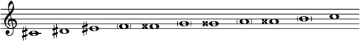 \new Staff = "haut" \with {\remove "Time_signature_engraver"}{
\cadenzaOn
\relative c' {cis1 dis eis \parenthesize f fisis \parenthesize g gisis \parenthesize a aisis \parenthesize b c}
}