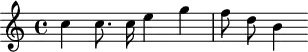
\header {
  tagline = ##f
}

\score {
  \new Staff \with {

  }
<<
  \relative c'' {
    \key c \major
    \time 4/4
    \override TupletBracket #'bracket-visibility = ##f 
    \autoBeamOff

     %%%%%%%%%%%%%%%%%%%%%%%%%% K21
     c4 c8. c16 e4 g f8 d b4

  }
>>
  \layout {
    \context {
      \remove "Metronome_mark_engraver"
    }
  }
  \midi {}
}

