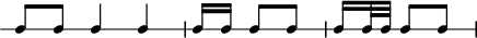 
\header {
  tagline = ##f
}

\score {
  \new RhythmicStaff {
    \time 3/4
    \numericTimeSignature
    \omit Staff.TimeSignature

   c8 c c4 c |  \time 3/8  c16 c c8[ c] | c16 c32 c c8[ c] |

  }
  \layout {
   % indent = #0
  }
  \midi {}
}
