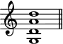 
\header {
  tagline = ##f
}

\score {
  \new Staff \with {
    \remove "Time_signature_engraver"
  }
  \relative c'' {
    \key c \major
    \time 9/1
    \tempo 1 = 60
    \autoBeamOff
    \clef treble
    \override Rest #'style = #'classical

      << g,1 d' a' d >>

    \bar "||"
  }
  \layout {
    \context {
      \Score
      \remove "Metronome_mark_engraver"
    }
  }
  \midi {}
}
