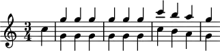 
\header {
  tagline = ##f
}

\score {
  \new Staff \with {

  }
<<
  \relative c'' {
    \key c \major
    \time 3/4
    \override TupletBracket #'bracket-visibility = ##f 
    %\autoBeamOff

     %%%%%%%%%%%%%%%%%%%%%%%%%% K61g II
     \partial 4 c4
     << { g' g g g g g c b a g } \\ { g,4 g g g g g c b a g } >>

  }
>>
  \layout {
    \context {
      \remove "Metronome_mark_engraver"
    }
  }
  \midi {}
}

