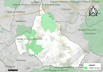 Carte des ZNIEFF de type 1 sur la commune.