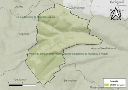 Carte des ZNIEFF de type 2 sur la commune.