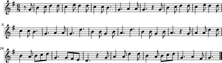 \relative c'' {
\key g \major
\numericTimeSignature
\time 6/8
\partial 4
\dynamicUp
r8 g
b4 c8 d4 d8
c4 e8 d4 d8
c4 c8 b4.
g a4 a8
g4. r4 g8
b4 c8 d4 d8
c4 e8 d4 d8
c4 c8 b4.
g a4 a8
g4. d'
b4 b8 g4 b8
a4. d
b4 b8 g4 b8
a4. r4 g8
a4 a8 d4 d8
b4 a8 b c d
g,4. g8 fis e
d4. r4 g8
a4 a8 d4 d8
b4 a8 b c d
g,4. a4 fis8
g4.\bar "|."
}