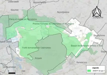 Carte des ZNIEFF de type 1 sur la commune.