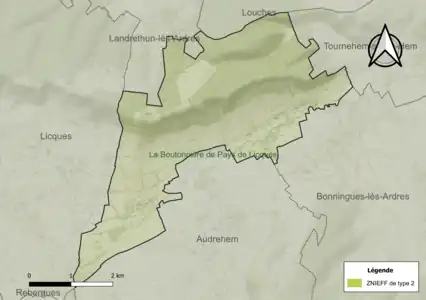 Carte de la ZNIEFF de type 2 sur la commune.