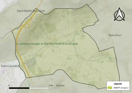 Carte de la ZNIEFF de type 2 sur la commune.