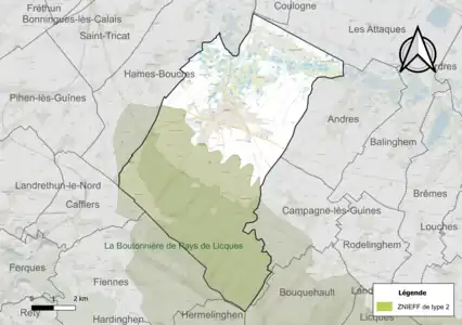 Carte de la ZNIEFF de type 2 sur la commune.
