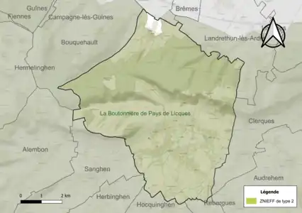 Carte de la ZNIEFF de type 2 sur la commune.