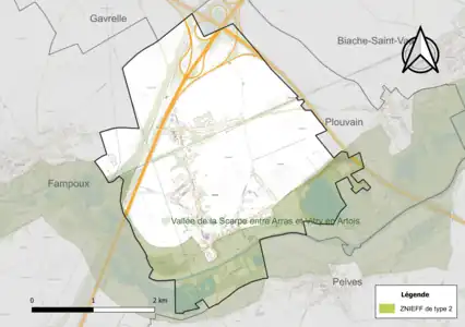 Carte de la ZNIEFF de type 2 sur la commune.