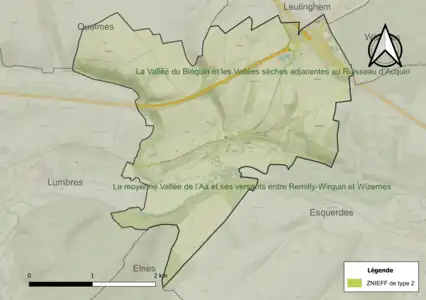 Carte des ZNIEFF de type 2 sur la commune.