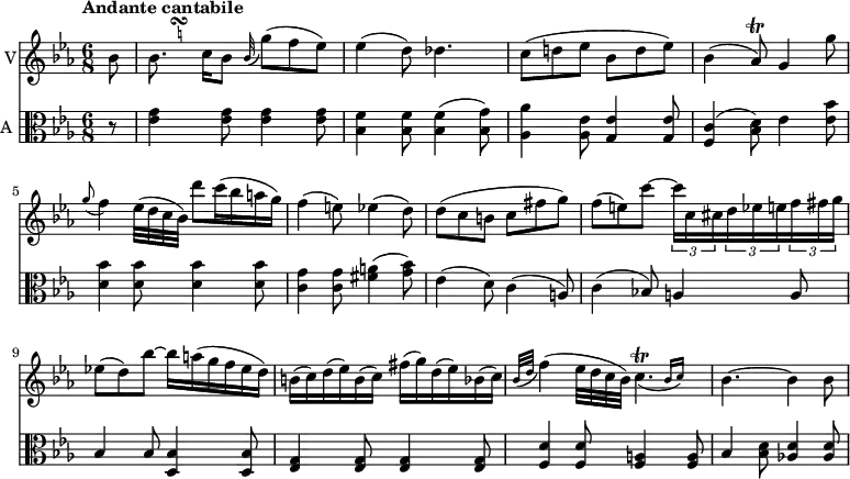 
<< \new Staff \with { instrumentName = #"V"}  
     \relative c'' {
    \version "2.18.2"
    \key ees \major 
    \tempo "Andante cantabile"
    \time 6/8
    \tempo 4 = 80
    \partial 8 bes8
    \transpose a bes \relative c'' <<
         { a8. b16 }
         {
           s8
           \once \set suggestAccidentals = ##t
           \once \override AccidentalSuggestion.outside-staff-priority = ##f
           \once \override AccidentalSuggestion.avoid-slur = #'inside
           \once \override AccidentalSuggestion.font-size = -3
           \once \override AccidentalSuggestion.script-priority = -1
           \single \hideNotes
           gis32-\turn \noBeam
           s32
} >> bes8 \grace bes32 ( g'8) (f ees)
   ees4 (d8) des4. 
   c8 ( d! ees bes d ees)
   bes4 (aes8\trill) g4 g'8
   \grace g8 (f4) ees32 (d c bes)
   d'8 c16 ( bes a g)
   f4 (e8) ees4 (d8)
   d (c b c fis g)
   f (e) c' ~ \tuplet 3/2 {c16 c, cis}  \tuplet 3/2 {d ees e}  \tuplet 3/2 {f fis g}
   ees!8 (d) bes' ~ bes16 a (g f ees d)
   b16 (c) d (ees) b (c) fis (g) d (ees) bes (c)
   \grace {bes32 (d} f4) (ees32 d c bes) 
   <<
         { c4.^\trill_( }
         { s4 \grace { bes16 ( c) } }
       >>
   bes4. ~ bes4 bes8
   
}
\new Staff \with { instrumentName = #"A "} \relative c' {
    \key ees \major 
    \clef "alto"
     \partial 8 r8 
     <ees g>4 <ees g>8 <ees g>4 <ees g>8
     <bes f'>4 <bes f'>8 <bes f'>4 (<bes g'>8)
     <aes aes'>4 <aes ees'>8 <g ees'>4 <g ees'>8
     <f c'>4 (<bes d>8)  ees4 <ees bes'>8
     <d bes'>4 <d bes'>8 <d bes'>4 <d bes'>8
     <c g'>4 <c g'>8 <fis a>4 (<g bes>8)
     ees4 (d8) c4 (a8)
     c4 (bes!8) a4 a8
     bes4 bes8 <d, bes'>4 <d bes'>8
     <ees g>4 <ees g>8  <ees g>4 <ees g>8
     <f d'>4 <f d'>8  <f a>4 <f a>8
     bes4 <bes d>8  <aes! d>4 <aes d>8
}
>>
