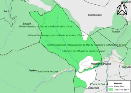 Carte des ZNIEFF de type 1 sur la commune.
