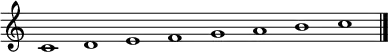 {
\new Staff \with { \remove "Time_signature_engraver" }
\clef treble
\time 5/1
\cadenzaOn
c'1 d' e' f' g' a' b' c''
\bar "|."
}