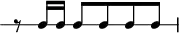 
\header {
  tagline = ##f
}

\score {
  \new RhythmicStaff {
    \time 3/4
    \numericTimeSignature
    \omit Staff.TimeSignature

   r8 c16 c c8[ c c c]

  }
  \layout {
   % indent = #0
  }
  \midi {}
}
