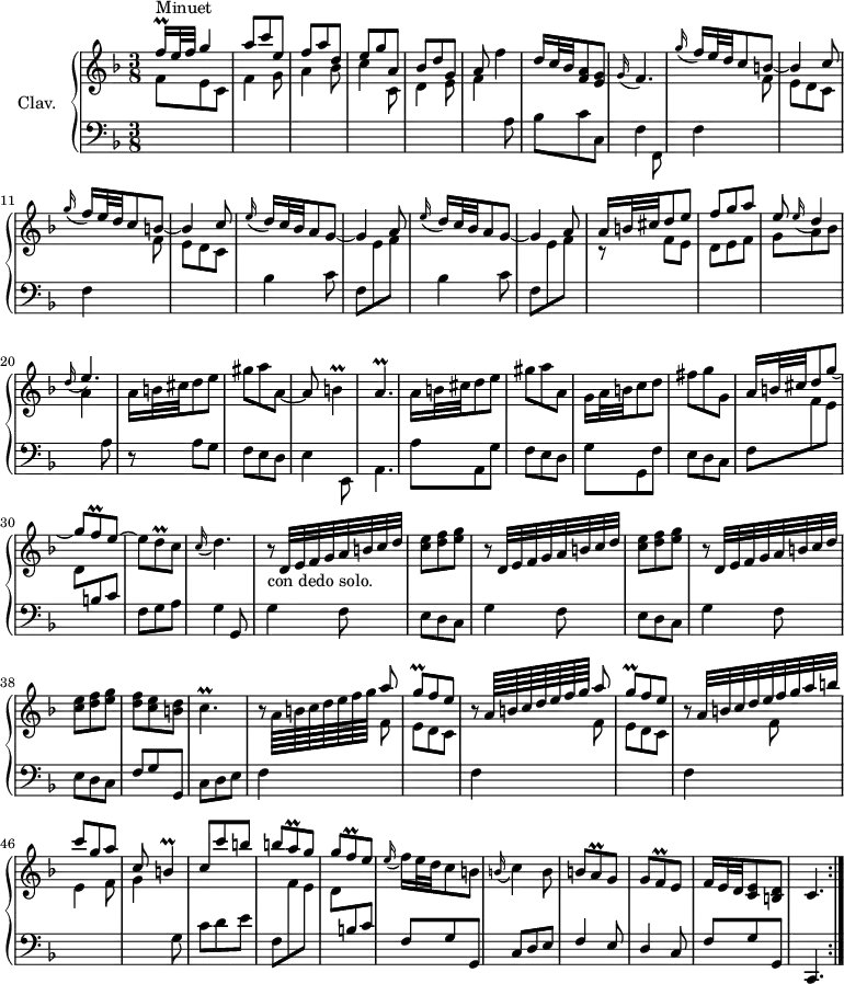 
\version "2.18.2"
\header {
  tagline = ##f
  % composer = "Domenico Scarlatti"
  % opus = "K. 379"
  % meter = "Minuet"
}

%% les petites notes
trillFqq     = { \tag #'print { f16\prall } \tag #'midi { \times 2/3 { f32 g f } } }
trillB       = { \tag #'print { b4\prall } \tag #'midi { \times 2/3 { c32 b c } b16~ b8 } }
trillAp      = { \tag #'print { a4.\prall } \tag #'midi { \times 2/3 { b32 a b } a16~ \tempo 4. = 40 a4   \tempo 4. = 54 } }
trillCp      = { \tag #'print { c4.\prall } \tag #'midi { \times 2/3 { d32 c d } c16~ c4 } }
trillDq      = { \tag #'print { d8\prall } \tag #'midi { \times 2/3 { e32 d e } d16 } }
trillFq      = { \tag #'print { f8\prall } \tag #'midi { \times 2/3 { g32 f g } f16 } }
trillGq      = { \tag #'print { g8\prall } \tag #'midi { \times 2/3 { a32 g a } g16 } }
trillAq      = { \tag #'print { a8\prall } \tag #'midi { \times 2/3 { b32 a b } a16 } }
appoD        = { \tag #'print { \appoggiatura e16 d4 } \tag #'midi { \appoggiatura e8 d4 } }
appoFp       = { \tag #'print { \appoggiatura g16 f4. } \tag #'midi { g8 f4 } }
appoEp       = { \tag #'print { \appoggiatura d16 e4. } \tag #'midi { d8 e4 } }
appoDp       = { \tag #'print { \appoggiatura c16 d4. } \tag #'midi { c8 d4 } }
appoC        = { \tag #'print { \appoggiatura b16 c4 } \tag #'midi { b8 c8 } }

upper = \relative c'' {
  \clef treble 
  \key f \major
  \time 3/8
  \tempo 4. = 54
  \set Staff.midiInstrument = #"harpsichord"
  \override TupletBracket.bracket-visibility = ##f
  \omit TupletNumber 

  \repeat volta 2 {
      s8*0^\markup{Minuet}
      \stemUp \trillFqq e32 f g4 | a8 c e, | f a d, | e g a, | bes d g, | a \stemNeutral f'4 | d16 c32 bes < f a >8 < e g >
      % ms. 8
      \appoFp | \repeat unfold 2 { \appoggiatura g'16 \stemUp f16 e32 d c8 b~ | \stemUp b4 c8 } |  \repeat unfold 2 { \appoggiatura e16 d16 c32 bes a8 g~ | g4 a8 } |
      % ms. 17
      a16 b32 cis d8 e | f8 g a | e8 \appoD | \appoEp | \stemNeutral  a,16 b32 cis d8 e |
      % ms. 22
      gis8 a a,~ | a \trillB | \trillAp | a16 b32 cis d8 e | gis8 a a, |  g16 a32 b c8 d | fis8 g g, | \stemUp
      % ms. 29
      a16 b32 cis d8 g~ | g \trillFq e8~ | \stemNeutral e \trillDq c8 | \appoDp | s8*0-\markup{con dedo solo.} \repeat unfold 3 { r8 \tuplet 8/8 { d,32 e f g a b c d } | < c e >8 < d f > < e g > } | % Merci Étienne !
      % ms. 39
      < d f >8 < c e > < b d > | \trillCp |
      % ms. 41
      \repeat unfold 2 { r8  \tuplet 7/8 { a64[ b c d e f g] } \stemUp a8 | \trillGq f8 e } | \stemUp r8 \tuplet 9/8 { a,32 b c d e f g a b } | c8 g a |
      % ms. 47
      c,8 \trillB | c8 c' b | b \trillAq g8 | g \trillFq e8 | \stemNeutral \appoggiatura e16 f16 e32 d c8 b | \appoC b8 | b8 \trillAq g |
      % ms. 54
      g8 \trillFq e | f16 e32 d < c e >8 < b d > | c4. }%reprise

}

lower = \relative c' {
  \clef bass
  \key f \major
  \time 3/8
  \set Staff.midiInstrument = #"harpsichord"
  \override TupletBracket.bracket-visibility = ##f

  \repeat volta 2 {
    % ************************************** \appoggiatura a8  \repeat unfold 2 {  } \times 2/3 { }   \omit TupletNumber 
      \stemDown \change Staff = "upper" f8 e c | f4 g8 | a4 bes8 | c4 c,8 | d4 e8 | f4  \change Staff = "lower" a,8 | bes8 c c, |
      % ms. 8
     % f4   \tempo 4. = 20 f,8 |   \tempo 4. = 54 
      f4  f,8 | 
\repeat unfold 2 { f'4 \stemDown \change Staff = "upper" f'8 | e d c \change Staff = "lower" } | \repeat unfold 2 { bes4 c8 | f,8 \stemDown \change Staff = "upper" e' f \change Staff = "lower" } | \stemDown \change Staff = "upper"
      % ms. 17
      r8 f8 e | d e f | g a bes | a4 \change Staff = "lower" a,8 | r8 a8 g 
      % ms. 22
      f8 e d | e4 e,8 | a4. | a'8 a, g' | f e d | g g, f' | e d c |
      % ms. 29
      f8 \stemDown \change Staff = "upper" f'8 e | d \stemUp \change Staff = "lower"  b c | \stemNeutral f, g a | g4 g,8 | \repeat unfold 3 { g'4 f8 | e8 d c } |
      % ms. 38
      f8 g g, | c d e |
      % ms. 41
      \repeat unfold 2 { f4 \stemDown \change Staff = "upper"   f'8 | e d c \change Staff = "lower" } | f,4 \stemDown \change Staff = "upper"   f'8 | e4 f8 |
      % ms. 47
      g4 \change Staff = "lower"  g,8 | c8 d e | f, \stemDown \change Staff = "upper" f' e | d \stemUp \change Staff = "lower" b c \stemNeutral | f, g g, | c d e | f4 e8 |
      % ms. 54
      d4 c8 | f g g, | c,4. }%reprise

}

thePianoStaff = \new PianoStaff <<
    \set PianoStaff.instrumentName = #"Clav."
    \new Staff = "upper" \upper
    \new Staff = "lower" \lower
  >>

\score {
  \keepWithTag #'print \thePianoStaff
  \layout {
      #(layout-set-staff-size 17)
    \context {
      \Score
     \override SpacingSpanner.common-shortest-duration = #(ly:make-moment 1/2)
      \remove "Metronome_mark_engraver"
    }
  }
}

\score {
   \unfoldRepeats
   \keepWithTag #'midi \thePianoStaff
  \midi { }
}
