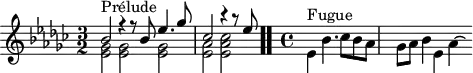
\version "2.18.2"
\header {
  tagline = ##f
}

\score {

<<
  \relative c' {
    \key ees \minor
    \time 3/2
	\set Staff.midiInstrument = #"harpsichord" 

     %% INCIPIT CBT I-8, BWV 853, ré-dièse mineur
     << { s4*0^\markup{Prélude} bes'2 r4 r8 bes8 ees4. ges8 ces,2 r4 r8 ees8 } \\ { < ges, ees >2 q q | \once \override Staff.TimeSignature #'stencil = ##f \time 4/4 < aes ees > < ces aes ees > } >> \bar ".."

     \skip 16*1
     \override Staff.Clef.extra-offset = #'( -1 . 0 )
     \time 4/4 
      s4*0^\markup{Fugue} \stemDown ees,4 bes'4. ces8 bes aes | \once \override Staff.TimeSignature #'stencil = ##f \time 5/4 ges aes bes4 ees, aes~ \hideNotes aes16
  }
>>
  \layout {
     #(layout-set-staff-size 17)
     \context { \Score \remove "Metronome_mark_engraver" 
     \override SpacingSpanner.common-shortest-duration = #(ly:make-moment 1/2) 
}
  }
  \midi {}
}

