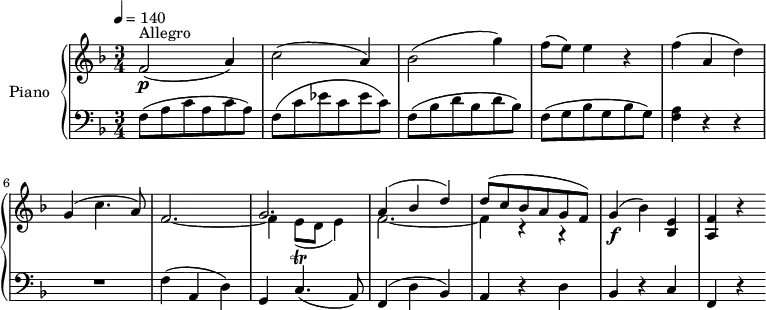 
\version "2.14.2"
\header {
  tagline = ##f
}
upper= \relative c' {
  \clef treble
  \key f \major
  \time 3/4
  \tempo 4 = 140
  \set Staff.midiInstrument = #"piano"

    f2\p^\markup { Allegro } (a4)
    c2 (a4)
    bes2 (g'4)
    f8 (e) e4 r4
    f4 (a, d)
    g, (c4. a8)
     << {s2. g2.} \\ { \stemUp f2.~ \stemDown f4 e8\trill (d e4)} >> % attention les liaisons de tenues sont avec ~, celle de phrasé avec ()
    <<{a4^(bes d) d8 (c bes a g f)} \\ { f2.~ f4 r4 r4 } >> % même problème liaison = ~ ; phrasé = ()
    g4\f (bes) <bes, e>
    <a f'> r4

  }

lower=\relative c {
    \clef bass
    \key f \major
    \numericTimeSignature
    \time 3/4
 
    f8 (a c a c a)
    f8 (c' ees c ees c)
    f,8 (bes d bes d bes)
    f8 (g bes g bes g)
    <f a>4 r4 r4
    R2.
    f4 (a, d)
    g, c4. (a8)
    f4 (d' bes)
    a4 r4 d
    bes r4
    c f, r4
  }
\score {
       \new PianoStaff \with { instrumentName = #"Piano" }
       <<
         \new Staff = "upper" \upper
         \new Staff = "lower" \lower
       >>
\layout { }
\midi { } }

