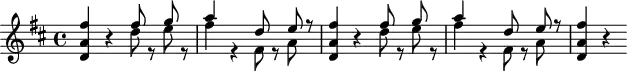 
\header {
  tagline = ##f
}

\score {
  \new Staff \with {

  }
<<
  \relative c'' {
    \key d \major
    \time 4/4
    \override TupletBracket #'bracket-visibility = ##f 
    \autoBeamOff

     %%%%%%%%%%% K 97 - silence à monter
     < d, a' fis' >4 r4 
     << { fis'8 s8 g8 s8 a4 s4 d,8 s8 e8 r8 } \\ { d8 r8 e8 r8 fis4 r4 fis,8 r8 a8 s8 } >>
     < d, a' fis' >4 r4 
     << { fis'8 s8 g8 s8 a4 s4 d,8 s8 e8 r8 } \\ { d8 r8 e8 r8 fis4 r4 fis,8 r8 a8 s8 } >>
     < d, a' fis' >4 r4

  }
>>
  \layout {
    \context {
      \remove "Metronome_mark_engraver"
    }
  }
  \midi {}
}
