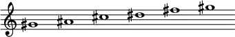 \relative c'' {\override Score.BarLine.stencil = ##f \override Score.TimeSignature.stencil = ##f gis1 ais cis dis fis gis }