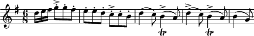 \version "2.18.2"
\header {
tagline = ##f
}
\score {
\new Staff \with {
}
% Trillbq = { \tag #'print b4->_\trill( \tag #'midi { b16 a b a } }
<<
\relative c'' {
\key g \major
\time 6/8
\override TupletBracket #'bracket-visibility = ##f
%%% Piatti, Bergamasca
\partial 16*9 d16 e fis g8-.-> g-. fis-. e-. e-. d-. c-.-> c-. b-. | d4( c8) b4->_\trill( a8)
d4->( c8) b4->_\trill( a8) b4( g8)
}
>>
\layout {
\context { \Score
\remove "Metronome_mark_engraver" }
}
\midi { \tempo 4. = 100 }
}