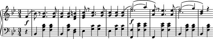 
 \relative c' {
 \new PianoStaff
<<
  \new Staff { \key g \minor \time 3/4 \partial 4 \set Score.tempoHideNote = ##t \tempo "" 2. = 64
 f4( bes8) r8
  <<
  {
   <f bes>4. <f bes>8 <f bes>4 <f bes> <d f b> <ees g c>8 r <g c>4. <g c>8 <g c>4 <g c> <g c>( g'2)(\( a4) <a, ees'>8\) r <a ees'>4. <a ees'>8( f'2)(\( g4) <bes, d>\) r
  }
  \\
  {
   s4. s8 s4 s s s8 s s4. s8 s4 s s ees2.\f s8 s s4. s8 d2.
  }
  >>
  }
  \new Dynamics {
  s\f
   }
  \new Staff { \key g \minor \time 3/4 \clef bass \partial4
   r4 bes,, <f' bes d> <f bes d> bes, <f' bes d> <d f> ees <g c> <g c> ees <g c> <g c> <f, f'> <f' c' ees> <f c' ees> f, <f' c' ees> <f c' ees> bes, <f' bes d> <f bes d> bes, <f' bes d>
  }
 >>
 }
