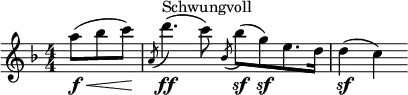  \relative c'' { \clef treble \key f \major \numericTimeSignature \time 4/4 \partial 8*3 \set Staff.midiInstrument = #"violin"
a'8(\f\< bes c)\! | \slashedGrace { a,( } d'4.)(\ff^"Schwungvoll" c8) \slashedGrace { bes,( } bes'\sf)([ g\sf) e8. d16] | d4\sf( c) } 