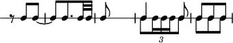
\header {
  tagline = ##f
}

\score {
  \new RhythmicStaff {
    \time 3/8
    \numericTimeSignature
    \omit Staff.TimeSignature

   r8 c8 c~ c c8. c32 c c8 s4 | << { c4 c8 | c c c } \\ { c8 \times 2/3 { c16 c c } c8 | c c c } >>

  }
  \layout {
   % indent = #0
     \override TupletBracket.bracket-visibility = ##f
  }
  \midi {}
}
