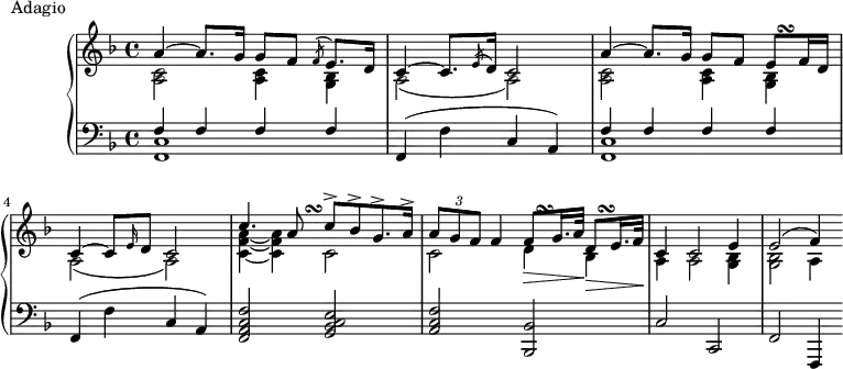
\version "2.18.2"
\header {
  tagline = ##f
}
upper = \relative c'' {
  \clef treble 
  \key f \major
  \time 4/4
  \tempo 4 = 54
  %\autoBeamOff
  % \CouleDeTierce ??

   %%Montgeroult — Étude 113 (pdf p. 215) % Il faut repositionner en bas le \turn
   << { a4~ a8. g16 g8 f \acciaccatura f8 e8. d16   c4~ c8. \acciaccatura e8 d16 c2   a'4~ a8. g16 g8 f e8 f16 d c4~ c8 \grace e16 d8 c2 } { s1 s1 s2 s4 s16 s128 s\turn } \\ { \repeat unfold 2 { < c a >2 q4 < bes g >4 a2( a) } } >>
   << { c'4. a8 c8->[ bes-> g8.-> a16->] \tuplet 3/2 { a8 g f } f4 f8_\> g16. a32\! d,8_\> e16. f32\! }  { s4 s8 s16 s128 s\turn s1 s8 s128 s\turn s4 s128 s\turn } \\ {  < a f c >4~ q c,2 c d4 bes } >>
   << { c4 c2 e4 e2( f4) } \\ { a,4 a2 < bes g >4 q2 a4 } >>   
   

}

lower = \relative c {
  \clef bass
  \key f \major
  \time 4/4

   \repeat unfold 2 { << { f4 f f f } \\ { < c f, >1 } >> f,4( f' c a) }
   < f' c a f >2 < e c bes g > < f c a > < bes, bes, >
   c2 c, f f,4
   
}

  \header {
    piece = "Adagio"
  }

\score {
  \new PianoStaff <<
    \new Staff = "upper" \upper
    \new Staff = "lower" \lower
  >>
  \layout {
    \context {
      \Score
      \remove "Metronome_mark_engraver"
    }
  }
  \midi { }
}
