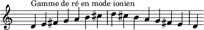 \relative c' {
\clef treble \time 7/4 \hide Staff.TimeSignature d4^\markup { Gamme de ré en mode ionien } e fis g a b cis d cis b a g fis e d
}