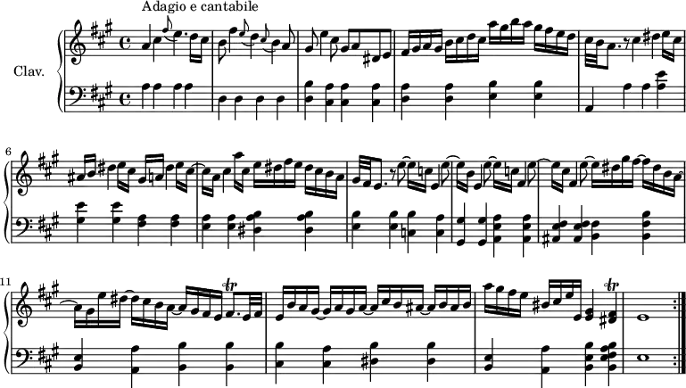 
\version "2.18.2"
\header {
  tagline = ##f
}

%% les petites notes
trillFis = { \tag #'print { fis8.\trill } \tag #'midi { \repeat unfold 2 { gis32 fis } gis fis } }
trillFisQ = { \tag #'print { < dis fis\trill >4 } \tag #'midi { << { \repeat unfold 2 { gis32 fis } gis fis e fis }\\{ dis4 } >> } }

upper = \relative c'' {
  \clef treble 
  \key a \major
  \time 4/4
  \tempo 4 = 60
  \set Staff.midiInstrument = #"harpsichord"

s8*0^\markup{Adagio e cantabile}

  \repeat volta 2 {
  a4 cis \tempo 4 = 52 \appoggiatura fis8 \tempo 4 = 60 e4. d16 cis | b8 fis'4 \tempo 4 = 52 \appoggiatura e8 \tempo 4 = 60 d4 \tempo 4 = 52 \appoggiatura cis8 \tempo 4 = 60 b4 a8 | gis8 e'4 cis8 gis a dis, e |
  % ms. 4
  fis16 gis a gis  b cis d cis  a' gis b a  gis fis e d | cis32 b \tempo 4 = 52 a8. \tempo 4 = 60 r8 cis4 \tempo 4 = 52 dis \tempo 4 = 60 e16 cis | ais b \tempo 4 = 52 dis4 \tempo 4 = 60 e16 cis gis a \tempo 4 = 52 dis4 \tempo 4 = 60 e16 cis~ |
  % ms. 7
  cis16 a  cis4 a'16 cis, e dis fis e dis cis b a | gis32 fis \tempo 4 = 52 e8. \tempo 4 = 60 r8 \tempo 4 = 52 e'8~ e16 \tempo 4 = 60 c e,4 \tempo 4 = 52 e'8~ | e16 \tempo 4 = 60 b e,4 \tempo 4 = 52 e'8~ e16 \tempo 4 = 60 c fis,4 \tempo 4 = 52 e'8~ |
  % ms. 10
  e16 \tempo 4 = 60 cis fis,4 \tempo 4 = 52 e'8~ e16 \tempo 4 = 60 dis gis fis~ fis dis b a~ | a gis e' dis~ dis cis b a~ a gis fis e \trillFis e32 fis |
  % ms. 12
  e16 b' a gis~ gis a gis a~ a cis b ais~ ais b ais b | a' gis fis e bis cis e e, < e gis >4 \trillFisQ | \tempo 4 = 50 e1   \tempo 4 = 60
  }%reprise

}

lower = \relative c {
  \clef bass
  \key a \major
  \time 4/4
  \set Staff.midiInstrument = #"harpsichord"

  \repeat volta 2 {
    % **************************************
   \repeat unfold 4 { a'4 } \repeat unfold 4 { d,4 } < d b' >4 \repeat unfold 3 { < cis a' >4 }
   < d a' >4 q < e b' > q | a, a' a < a e' > < gis e' > q < fis a > q < e a > q < dis a' b > q | < e b' > q < c! b' > < c a' >
   % ms. 9
   < gis gis' >4 q < a e' a > q | < ais e' fis >4 q < b fis' > < b fis' b > | < e b > < a, a' > < b b' > q |
   < cis b' >4 < cis a' > < dis b' > q | < e b > < a, a' > < b e b' >-\tweak stencil ##f \p < b e fis a b > | e1
   }%reprise

}

thePianoStaff = \new PianoStaff <<
    \set PianoStaff.instrumentName = #"Clav."
    \new Staff = "upper" \upper
    \new Staff = "lower" \lower
  >>

\score {
  \keepWithTag #'print \thePianoStaff
  \layout {
      #(layout-set-staff-size 17)
    \context {
      \Score
     \override SpacingSpanner.common-shortest-duration = #(ly:make-moment 1/2)
      \remove "Metronome_mark_engraver"
    }
  }
}

\score {
  \unfoldRepeats
  \keepWithTag #'midi \thePianoStaff
  \midi { }
}
