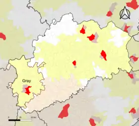 Localisation de l'aire d'attraction de Gray dans le département de la Haute-Saône.