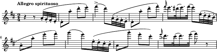 
\relative c'' {
 \version "2.18.2"
\key d \major
\time 2/4
\tempo "Allegro spirituoso"
\tempo 4 = 110
   r4 r8 a32-. (g-. fis-. e-. d8-. a''-. d-. e-.)
  fis4^> (d8) a,32-. (g-. fis-. e-. d8-. a''-. d-. fis-.)
  \grace fis 32 (e16.) dis32 (e16.) fis32 (e8) e,32 -. (d-. cis-. b-. a8-. a'-. e'-. fis-.) 
  g4 (e8) e,32-. (d-. cis-. b-. a8 g''8-. e-. cis-. ) 
   \grace e 32 (d16.) cis32 (d16.) e32 (fis8) r

} 
