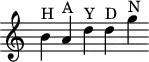 
\version "2.18.2"
\header {
  tagline = ##f
}

\score {
  \new Staff \with {
    \remove "Time_signature_engraver"
  }
<<
  \relative c'' {
    \key c \major
    \time 4/1
    \tempo 4 = 62
    \override TupletBracket #'bracket-visibility = ##f 

     %%%% 
     b4^\markup{H} a^\markup{A} d^\markup{Y} d^\markup{D} g^\markup{N}

  }
>>
  \layout {
     \context { \Score \remove "Metronome_mark_engraver" }
  }
  \midi {}
}
