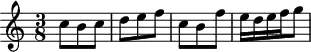 
\header {
  tagline = ##f
}

\score {
  \new Staff \with {

  }
<<
  \relative c'' {
    \key c \major
    \time 3/8
    \override TupletBracket #'bracket-visibility = ##f 
    %\autoBeamOff

     %%%%%%% K15s
     c8 b c d e f c b f' e16 d e f g8
     
  }
>>
  \layout {
    \context {
      \remove "Metronome_mark_engraver"
    }
  }
  \midi {}
}
