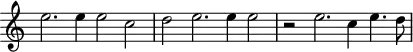 
\header {
  tagline = ##f
}

\score {
  \new Staff \with {
     \remove "Time_signature_engraver"
  }
<<
  \relative c'' {
    \key c \major
    %\clef bass
    \time 4/2
    \override TupletBracket #'bracket-visibility = ##f 

     %%% f° 59-60
     e2. e4 e2 c  d  e2. e4 e2 r2 e2. c4  e4.  d8

  }
>>
  \layout {
     \context { \Score \remove "Metronome_mark_engraver" }
  }
  \midi {}
}
