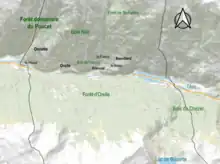 Carte en couleurs localisant les bois et forêts à Orelle avec le bois de Francoz au sud, Bois-Noir au centre-nord ou encore la forêt domaniale du Poucet à l'ouest.