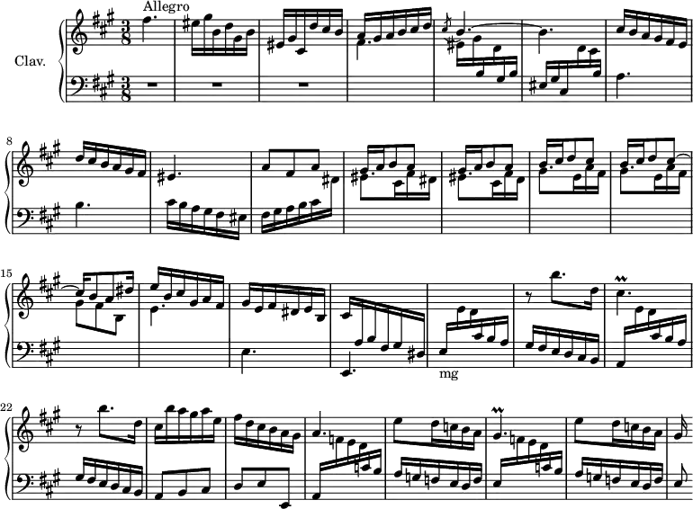 
\version "2.18.2"
\header {
  tagline = ##f
  % composer = "Domenico Scarlatti"
  % opus = "K. 448"
  % meter = "Allegro"
}

%% les petites notes
trillCisp     = { \tag #'print { cis4.\prall } \tag #'midi { d32 cis d cis~ cis4 } }
trillGisp     = { \tag #'print { gis4.\prall } \tag #'midi { a32 gis a gis~ gis4 } }

upper = \relative c'' {
  \clef treble 
  \key fis \minor
  \time 3/8
  \tempo 4. = 78
  \set Staff.midiInstrument = #"harpsichord"
  \override TupletBracket.bracket-visibility = ##f

      s8*0^\markup{Allegro}
      fis4. | eis16 gis b, d gis, b | eis, gis cis, d' cis b | a gis a b cis d | \acciaccatura cis8 \stemUp b4.^~ | \stemNeutral
      % ms. 6
      b4. | cis16 b a gis fis e | d' cis b a gis fis | eis4. | a8 fis a | \repeat unfold 2 { gis16 a b8 a } | 
      % ms. 13
      \stemUp \repeat unfold 2 { b16 cis d8 cis^~ } | cis16 b8 a dis16 | \stemNeutral e16 b cis gis a fis | gis e fis dis e b | 
      % ms. 18
      cis16 \stemUp \change Staff = "lower" a b fis gis dis | \stemNeutral \change Staff = "upper" s4. | r8 b'''8. d,16 | \trillCisp | r8 b'8. d,16 | cis16 b' a gis a e |
      % ms. 24
      fis16 d cis b a gis | a4. | e'8 d16 c b a | \trillGisp | e'8 d16 c b a | gis16

}

lower = \relative c' {
  \clef bass
  \key fis \minor
  \time 3/8
  \set Staff.midiInstrument = #"harpsichord"
  \override TupletBracket.bracket-visibility = ##f

    % ************************************** \appoggiatura a16  \repeat unfold 2 {  } \times 2/3 { }   \omit TupletNumber 
      R4.*3 | \stemDown \change Staff = "upper" fis4. | eis16 gis \stemUp \change Staff = "lower" b, \stemDown \change Staff = "upper" d \stemUp \change Staff = "lower" gis, b |
      % ms. 6
      eis,16 gis cis, \stemDown \change Staff = "upper" d' cis \stemUp \change Staff = "lower" b \stemNeutral | a4. | b | cis16 b a gis fis eis | fis gis a b cis \stemDown \change Staff = "upper" dis | eis8. cis16 fis dis |
      % ms. 12
      eis8. cis16 fis d | \repeat unfold 2 { gis8. e16 a fis } | gis8 fis b, | e4. | \stemNeutral \change Staff = "lower" e, | 
      % ms. 18
      e,4. | \stemUp e'16-\markup{mg} \stemDown \change Staff = "upper" e' d \stemUp \change Staff = "lower" cis b a | gis fis e d cis b | a \stemDown \change Staff = "upper" e'' d \stemUp \change Staff = "lower" cis b a | gis fis e d cis b | a8 b cis |
      % ms. 24
      d8 e e, | a16 \stemDown \change Staff = "upper" f'' e d \stemUp \change Staff = "lower" c b | a g f e d f | e \stemDown \change Staff = "upper" f' e d \stemUp \change Staff = "lower" c b | a g f e d f |
      % ms. 29
      e8

}

thePianoStaff = \new PianoStaff <<
    \set PianoStaff.instrumentName = #"Clav."
    \new Staff = "upper" \upper
    \new Staff = "lower" \lower
  >>

\score {
  \keepWithTag #'print \thePianoStaff
  \layout {
      #(layout-set-staff-size 17)
    \context {
      \Score
     \override SpacingSpanner.common-shortest-duration = #(ly:make-moment 1/2)
      \remove "Metronome_mark_engraver"
    }
  }
}

\score {
  \keepWithTag #'midi \thePianoStaff
  \midi { }
}
