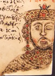 Photographie du portrait d'un homme sur la page d'un manuscrit.