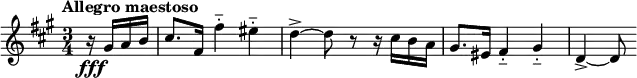 \new Staff {
\relative c'' {
\key fis \minor
\tempo "Allegro maestoso"
\time 3/4
\partial 4
r16\fff gis16 a16 b16
cis8. fis,16 fis'4\portato eis\portato
d~\accent d8 r8 r16 cis16 b16 a16
gis8. eis16 fis4\portato gis4\portato
d~\accent d8
}
}
