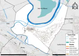 Carte en couleur présentant le réseau hydrographique de la commune