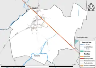 Carte en couleur présentant le réseau hydrographique de la commune