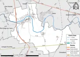 Carte en couleur présentant le réseau hydrographique de la commune