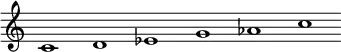 \relative c' {\override Score.BarLine.stencil = ##f \override Score.TimeSignature.stencil = ##f c1 d ees g aes c}