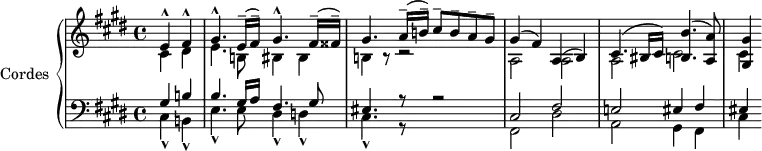 
\version "2.14.2"
\header {
  tagline = ##f
}
upper = \relative c' {
  \clef treble
  \key cis \minor
  \time 4/4
  \tempo 4 = 50
  \set Score.currentBarNumber = #4
  \set Staff.midiInstrument = #"string ensemble 1"
  %\autoBeamOff

  \partial 2
  << { e4-^ fis-^ gis4.-^ e16--( fis--) gis4.-^ fis16--( fisis--) gis4. a16--( b!--) cis8-- b-- a-- gis-- } \\ { cis,4 dis e4. b!8 bis4 bis b! r8 r2} >>
  << { gis'4( fis) a,( b) cis4.( bis16 cis) < b' b, >4.( < a a, >8) < gis gis, >4 } \\ { a,2 a a cis cis4 }   >> 

}

lower = \relative c' {
  \clef bass
  \key cis \minor
  \time 4/4
  \set Staff.midiInstrument = #"string ensemble 1"

   << { gis4 b! b4. gis16 a fis4. gis8 eis4. r8 r2 } \\ { cis4-^ b!-^ e4.-^ e8 dis4-^ d!-^ cis4.-^ r8 } >>
   << { cis2 fis e! eis4 fis eis } \\ { fis,2 dis' a gis4 fis cis' } >>
   
} 

\score {
  \new PianoStaff <<
    \set PianoStaff.instrumentName = #"Cordes"
    \new Staff = "upper" \upper
    \new Staff = "lower" \lower
  >>
  \layout {
    \context {
      \Score
      \remove "Metronome_mark_engraver"
    }
  }
  \midi { }
}
