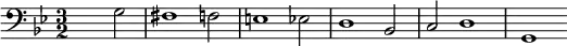 \version "2.18.2"

\new Staff {
\clef bass \key g \minor \time 3/2
s1 g2 fis1 f2 e1 es2 d1 b,2 c d1 g,
} 