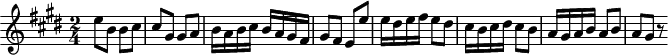 \version "2.18.2"
\header {
tagline=##f
}
\score {
\new Staff \with {
}
<<
\relative c'' {
\key e \major
\time 2/4
\set Staff.midiInstrument = #"trumpet"
\override TupletBracket #'bracket-visibility = ##f
%%% Stravinski
e8 b b cis cis gis gis a b16 a b cis b a gis fis gis8 fis e e' e16 dis e fis e8 dis cis16 b cis dis cis8 b a16 gis a b a8 b a gis r8
}
>>
\layout {
\context { \Score
\override SpacingSpanner.common-shortest-duration = #(ly:make-moment 1/3)
\remove "Metronome_mark_engraver" }
}
\midi { \tempo 4=110 }
}