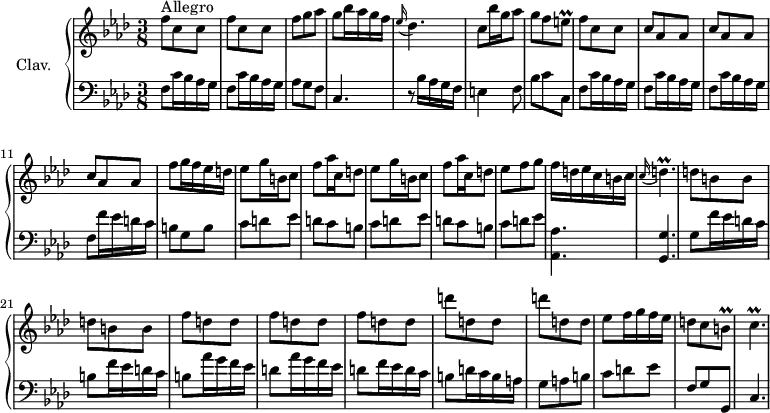 
\version "2.18.2"
\header {
  tagline = ##f
  % composer = "Domenico Scarlatti"
  % opus = "K. 186"
  % meter = "Allegro"
}

%% les petites notes
trillBq     = { \tag #'print { b8\prall } \tag #'midi { c32 b c b } }
trillCqp    = { \tag #'print { c4.\prall  } \tag #'midi { d32 c d c~ c4 } }
trillDqp    = { \tag #'print { d4.\prall  } \tag #'midi { ees32 d ees d~ d4 } }
trillEq     = { \tag #'print { e8\prall } \tag #'midi { f32 e f e } }

upper = \relative c'' {
  \clef treble 
  \key f \minor
  \time 3/8
  \tempo 4. = 76
  \set Staff.midiInstrument = #"harpsichord"
  \override TupletBracket.bracket-visibility = ##f

      s8*0^\markup{Allegro}
      \repeat unfold 2 { f8 c c } | f g aes | g bes16 aes g f | \appoggiatura ees16 des4. |
      % ms. 6
      c8 bes'16 g aes8 | g f \trillEq | f8 c c | \repeat unfold 3 { c aes aes } | 
      % ms. 12
      f'8 g16 f ees d | \repeat unfold 2 { ees8 g16 b, c8 | f aes16 c, d8 } | ees8 f g |
      % ms. 18
      f16 d ees c b c  | \appoggiatura c16 \trillDqp | \repeat unfold 2 { d8 b b } | \repeat unfold 3 { f' d d }
      % ms. 25
      \repeat unfold 2 { d'8 d, d } | ees8 f16 g f ees | d8 c \trillBq | \trillCqp 

}

lower = \relative c' {
  \clef bass
  \key f \minor
  \time 3/8
  \set Staff.midiInstrument = #"harpsichord"
  \override TupletBracket.bracket-visibility = ##f

    % ************************************** \appoggiatura a16  \repeat unfold 2 {  } \times 2/3 { }   \omit TupletNumber 
      \repeat unfold 2 { f,8 c'16 bes aes g } | aes8 g f | c4. | r8 bes'16 aes g f |
      % ms. 6
      e4 f8 | bes c c, | \repeat unfold 3 { f c'16 bes aes g } | f8 f'16 ees d c |
      % ms. 12
      b8 g b | \repeat unfold 2 { c d ees | d c b } | c d ees |
      % ms. 18
      < aes,, aes' >4. | < g g' > | g'8 f'16 ees d c | b8 f'16 ees d c | b8 aes'16 g f ees | d8 aes'16 g f ees |
      % ms. 24
      d8 f16 ees d c | b8 d16 c b a | g8 a b | c d ees | f, g g, | c4.

}

thePianoStaff = \new PianoStaff <<
    \set PianoStaff.instrumentName = #"Clav."
    \new Staff = "upper" \upper
    \new Staff = "lower" \lower
  >>

\score {
  \keepWithTag #'print \thePianoStaff
  \layout {
      #(layout-set-staff-size 17)
    \context {
      \Score
     \override SpacingSpanner.common-shortest-duration = #(ly:make-moment 1/2)
      \remove "Metronome_mark_engraver"
    }
  }
}

\score {
  \keepWithTag #'midi \thePianoStaff
  \midi { }
}

