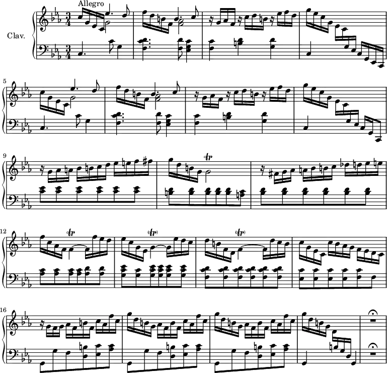 
\version "2.18.2"
\header {
  tagline = ##f
}

% petites notes
prallF     = { \tag #'print { f8.-\parenthesize\prall } \tag #'midi { g32 f g f~ f16 } }
prallG     = { \tag #'print { g2\trill } \tag #'midi { aes32 g aes g aes g~ g16~ g4 } } 
prallF     = { \tag #'print { f4~\trill } \tag #'midi { g32 f g f g f~ f16~ } } 

prallGpar  = { \tag #'print { g4~-\parenthesize\trill } \tag #'midi { aes32 g aes g aes g~ g16~ } } 
prallFpar  = { \tag #'print { f4~-\parenthesize\trill } \tag #'midi { g32 f g f g f~ f16~ } } 

upper = \relative c'' {
  \clef treble 
  \key c \minor
  \time 3/4
  \tempo 4 = 115
  \set Staff.midiInstrument = #"harpsichord"

    c16^\markup{Allegro} g ees c << { ees'4. d8 } \\ { g,2 } >> | f'16 d b f << { b4. c8 } \\ { < f, aes >2 } >> | r16 g16 aes f  r16 c'16 d b  r16 ees16 f d | 
    % ms. 4
    g16 ees c g  ees c \stemUp \change Staff = "lower" g16 ees s4 | \stemDown \change Staff = "upper" c''16 g ees c << { ees'4. d8 } \\ { g,2 } >> | f'16 d b f << { b4. c8 } \\ { < f, aes >2 } >> | r16 g16 aes f  r16 c'16 d b  r16 ees16 f d | 
    % ms. 8
    g16 ees c g  ees c \stemUp \change Staff = "lower" g16 ees s4 | \stemDown \change Staff = "upper" r16 g'16 aes a  bes b c d  ees e f fis | g d b g \prallG | 
    % ms. 11
    r16 fis16 g aes  a bes b c des d ees e  | f c aes f \prallF f16 f' ees d | ees16 c g ees \prallGpar g16 ees' d c |
    % ms. 14
    d16 b f d  \prallFpar f16 d' c b | c g ees c  c' bes aes  g f ees d c |  r16 g'16 f g  aes f b f  c' aes f' c |
    % ms. 17
    \repeat unfold 2 { g'16 d b g  aes f b f  c' aes f' c } | g'16 d b  g d \stemUp \change Staff = "lower" b g d s4 | 
    \change Staff = "upper"
    R2.\fermata

}

lower = \relative c {
  \clef bass
  \key c \minor
  \time 3/4
  \set Staff.midiInstrument = #"harpsichord"

    % **************************************
     c4. c'8 g4 | < f c' d >4. < f d' >8 < ees g c >4 | < f c' >4 < b d > < g d' > |
     % ms. 4
     c,4 s4 c16 g ees \tempo 4 = 40 c | \tempo 4 = 115 c'4. c'8 g4 | < f c' d >4. < f d' >8 < ees g c >4 | < f c' >4 < b d > < g d' > |
     % ms. 8
     c,4 s4 c16 g \tempo 4 = 40 c,8 | \tempo 4 = 115 \repeat unfold 6 { < c'' ees >8 } | \repeat unfold 5 { < b d >8 } < a c >8 | 
     % ms. 11
     \repeat unfold 6 { < bes d >8 } | \repeat unfold 4 { < aes c >8 } < aes d >8 q | < g c ees >8 < g c > < g c ees > q q q |
     % ms. 14
     \repeat unfold 6 { < f c' d >8 } | \repeat unfold 4 { < ees c' >8 } < f c' > f | \repeat unfold 3 { g,8 g' f < d b' >8 < ees c' > < aes c > } | g,4 s4 g | | R2.\fermata
} 

thePianoStaff = \new PianoStaff <<
    \set PianoStaff.instrumentName = #"Clav."
    \new Staff = "upper" \upper
    \new Staff = "lower" \lower
  >>

\score {
  \keepWithTag #'print \thePianoStaff
  \layout {
      #(layout-set-staff-size 17)
    \context {
      \Score
     \override SpacingSpanner.common-shortest-duration = #(ly:make-moment 1/2)
      \remove "Metronome_mark_engraver"
    }
  }
}

\score {
  \keepWithTag #'midi \thePianoStaff
  \midi { }
}
